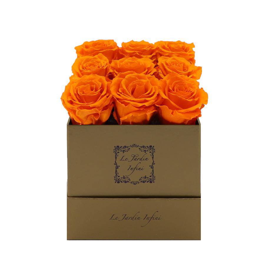 9 Orange Preserved Roses - Luxury Square Shiny Gold Box