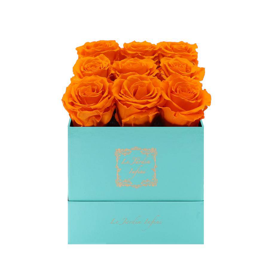 9 Orange Preserved Roses - Luxury Square Shiny Turquoise Box