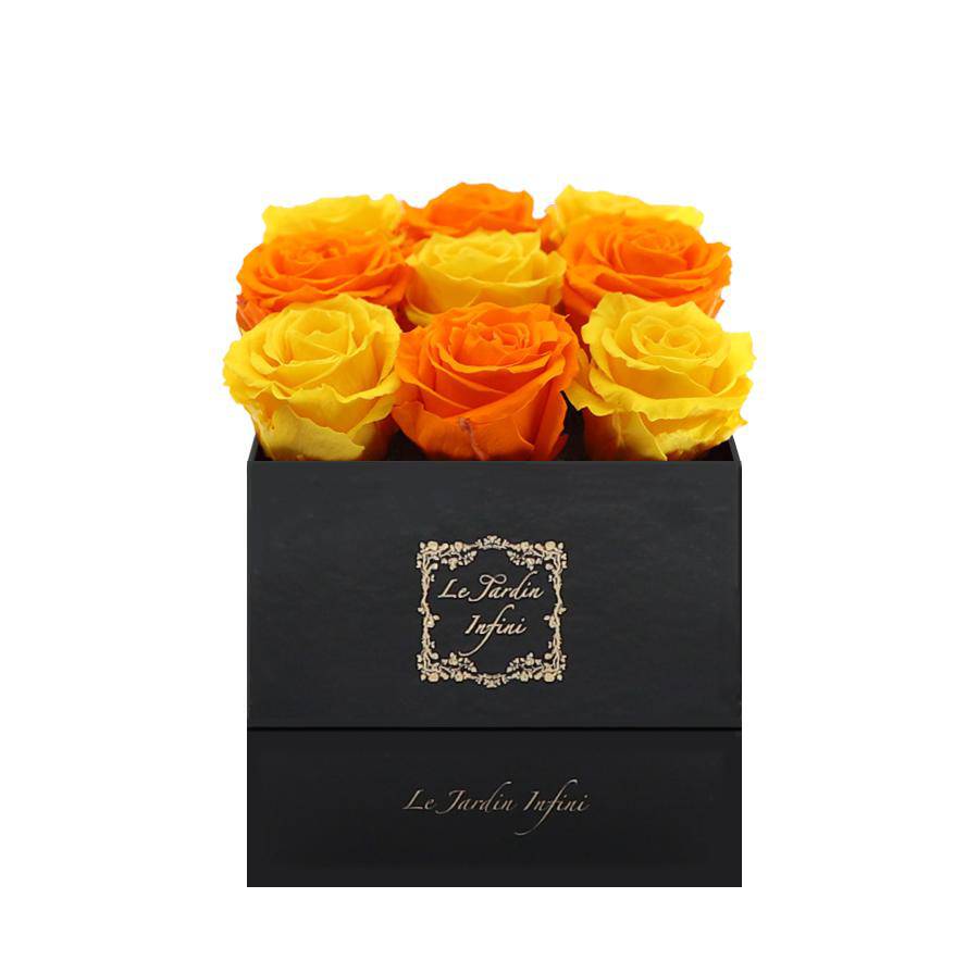 9 Orange & Warm Yellow Checker Preserved Roses - Luxury Square Shiny Black Box