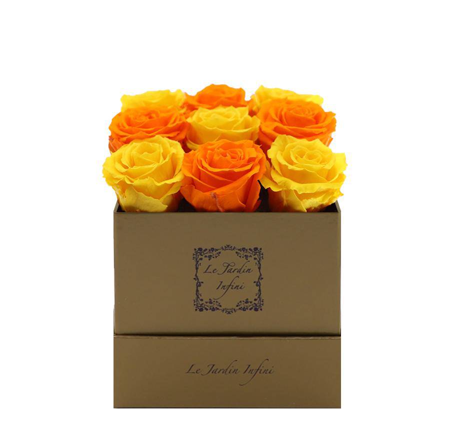 9 Orange & Warm Yellow Checker Preserved Roses - Luxury Square Shiny Gold Box