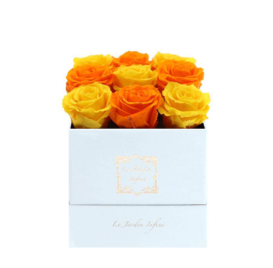 9 Orange & Warm Yellow Checker Preserved Roses - Luxury Square Shiny White Box