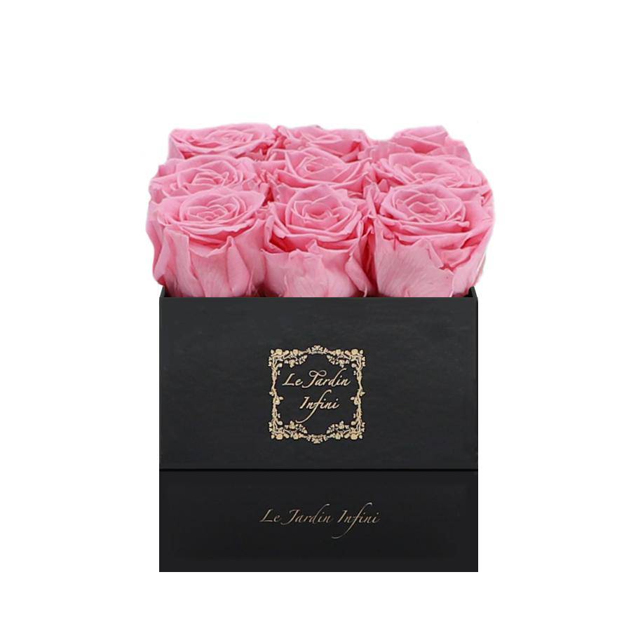 9 Pink Preserved Roses - Luxury Square Shiny Black Box
