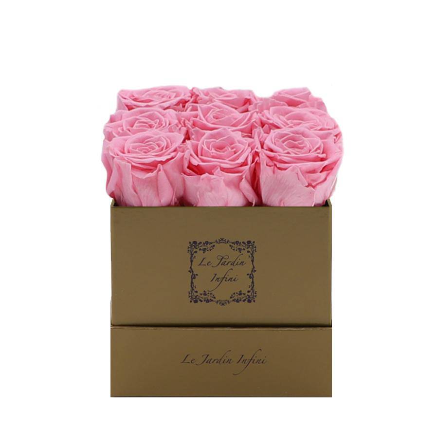 9 Pink Preserved Roses - Luxury Square Shiny Gold Box