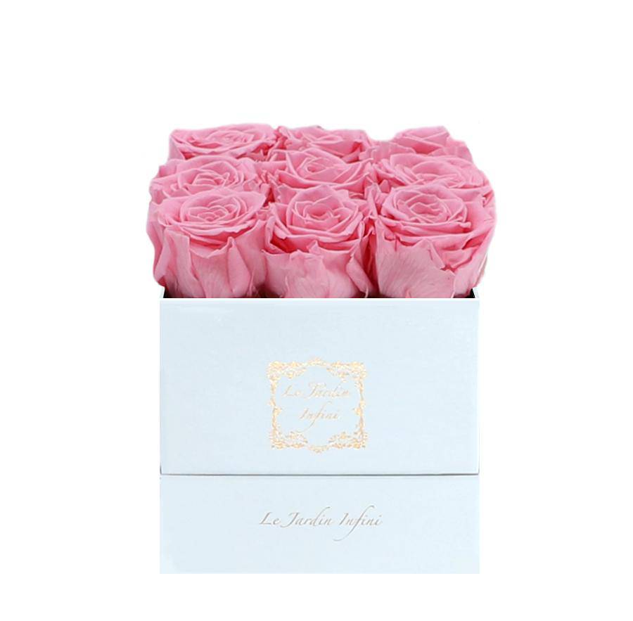 9 Pink Preserved Roses - Luxury Square Shiny White Box