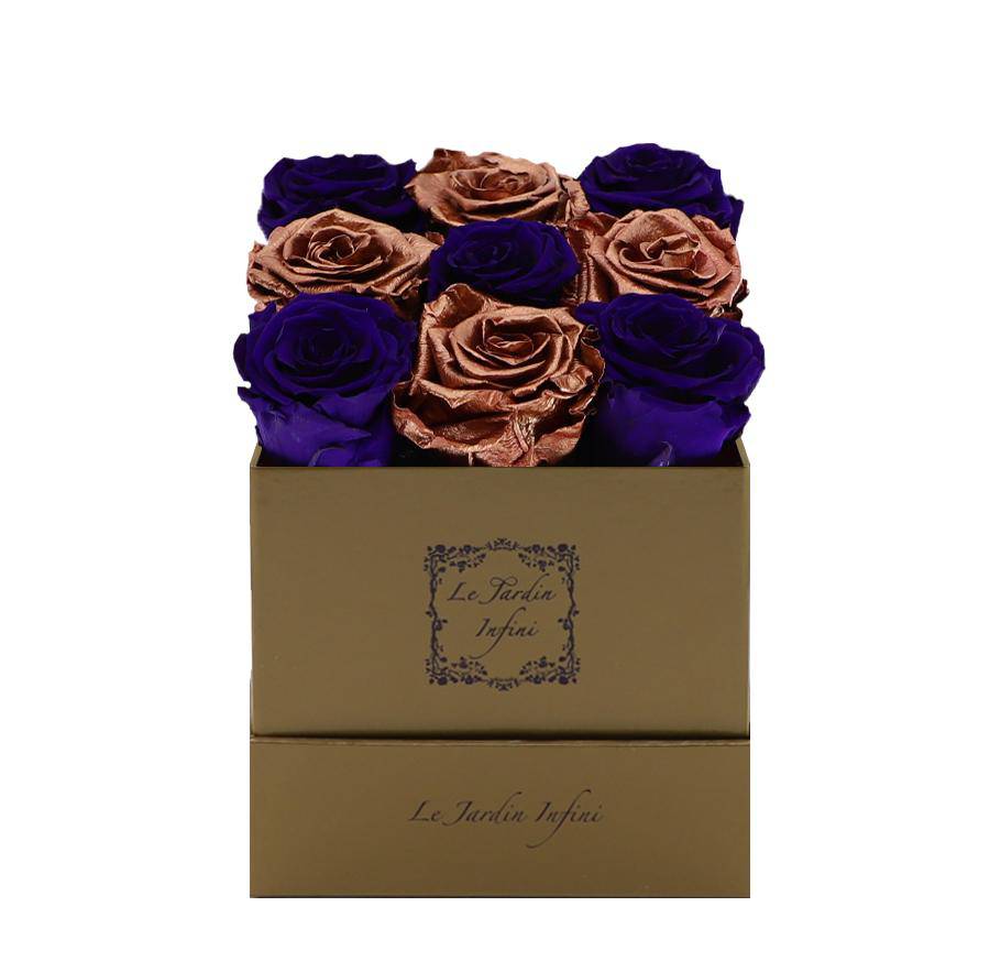 9 Purple & Copper Checker Preserved Roses - Luxury Square Shiny Gold Box
