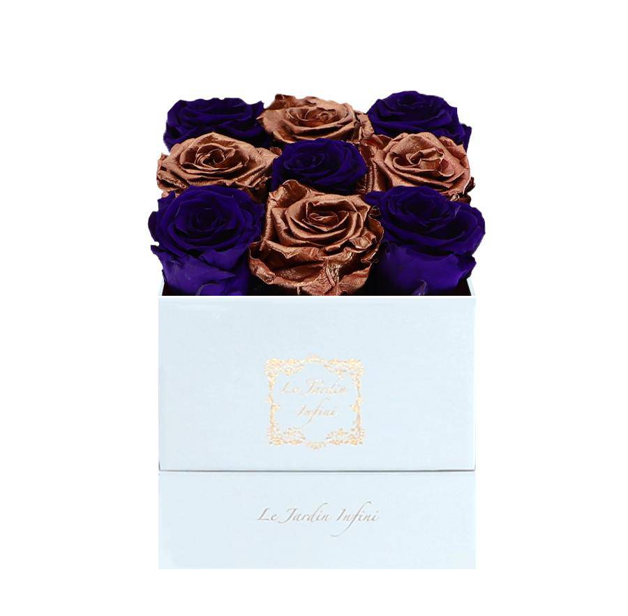 9 Purple & Copper Checker Preserved Roses - Luxury Square Shiny White Box