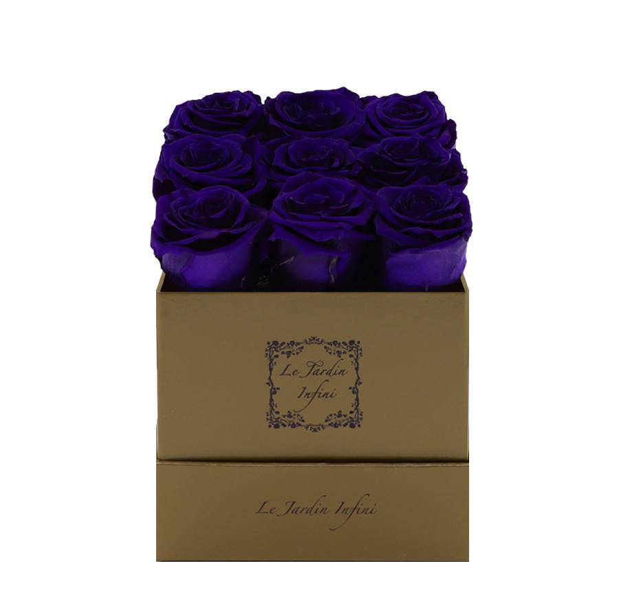 9 Purple Preserved Roses - Luxury Square Shiny Gold Box