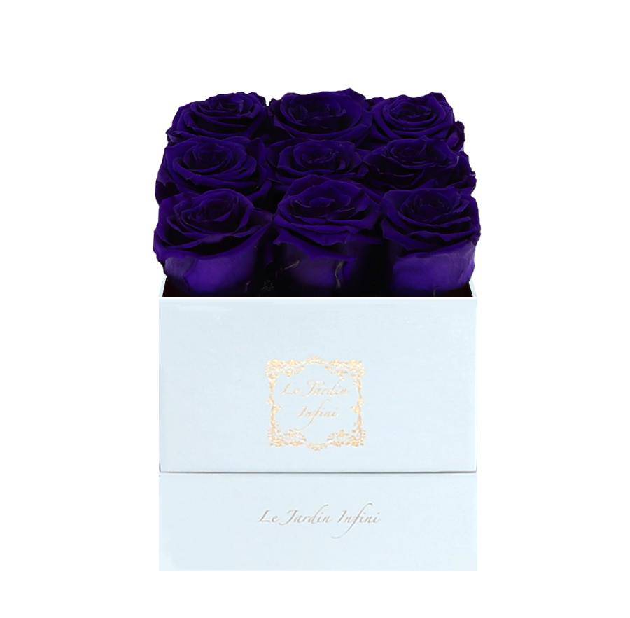 9 Purple Preserved Roses - Luxury Square Shiny White Box