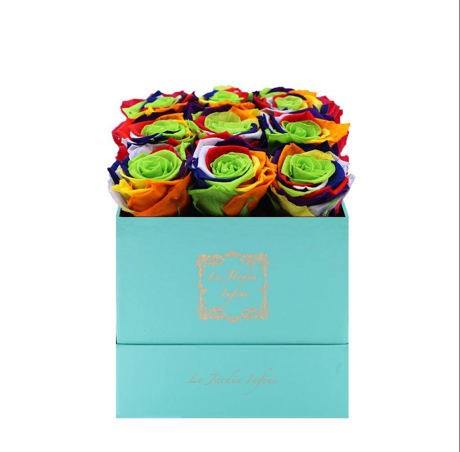 9 Rainbow Preserved Roses - Luxury Square Shiny Turquoise Box
