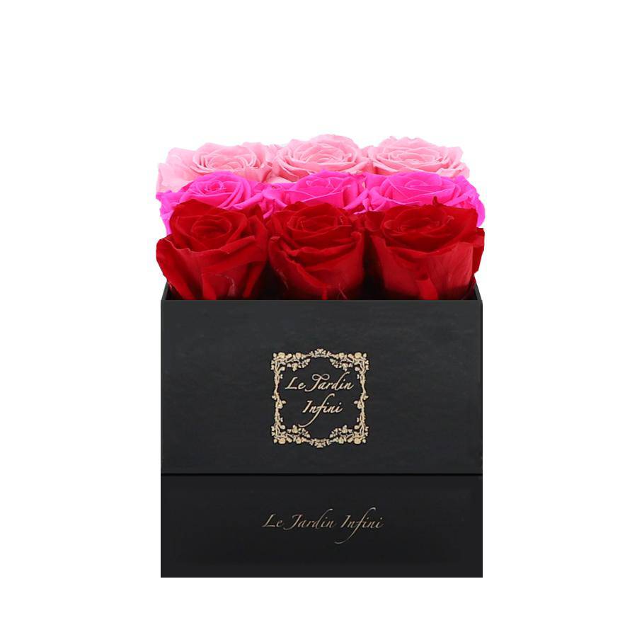 9 Red, Bright Pink & Pink Rows Preserved Roses - Luxury Square Shiny Black Box