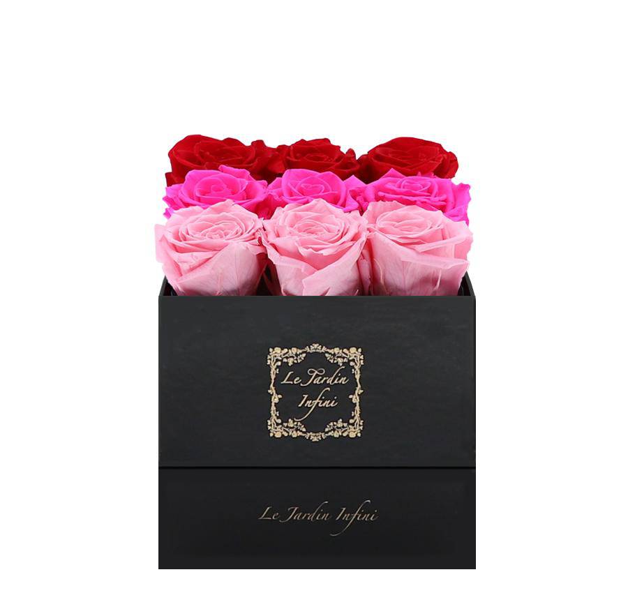 9 Red, Bright Pink & Pink Rows Preserved Roses - Luxury Square Shiny Black Box