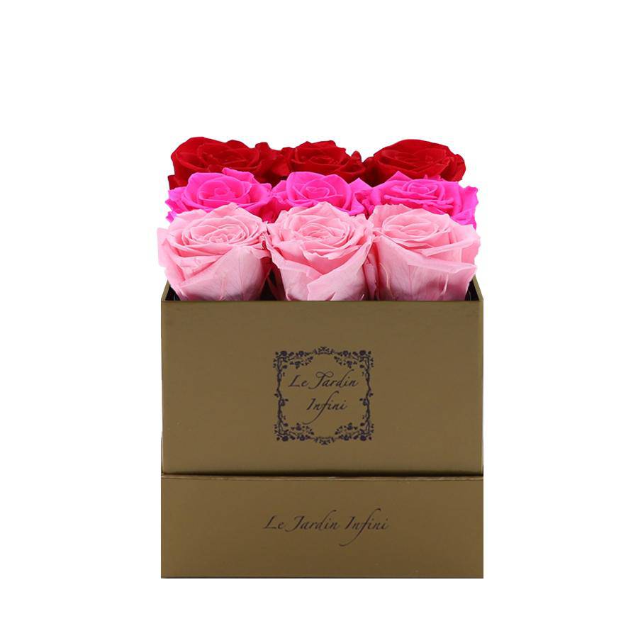 9 Red, Bright Pink & Pink Rows Preserved Roses - Luxury Square Shiny Gold Box