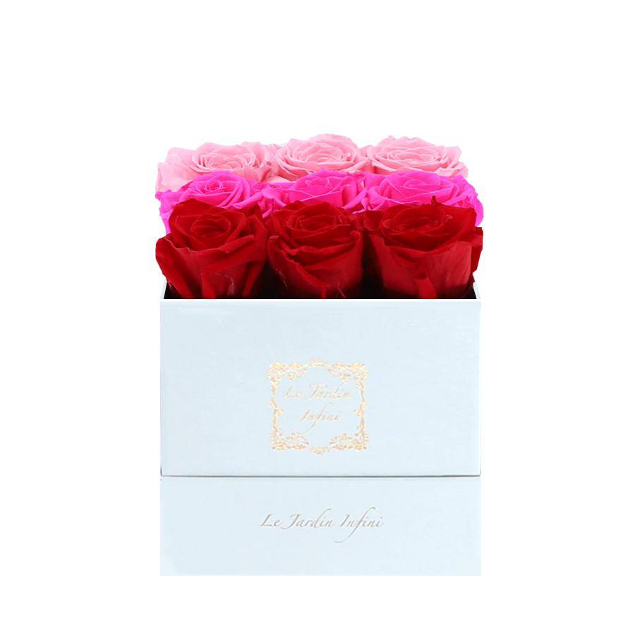 9 Red, Bright Pink & Pink Rows Preserved Roses - Luxury Square Shiny White Box