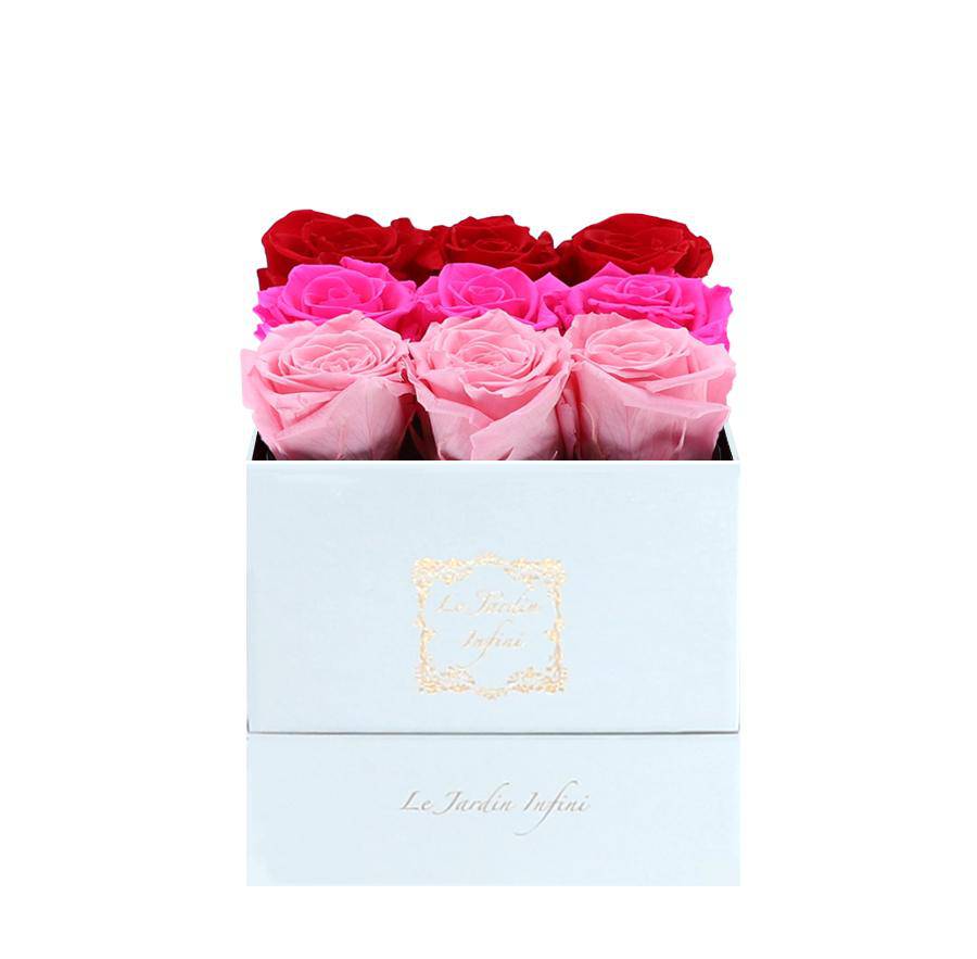 9 Red, Bright Pink & Pink Rows Preserved Roses - Luxury Square Shiny White Box