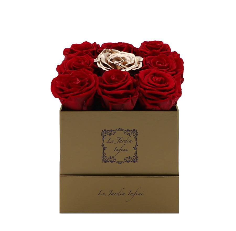 9 Red & Gold Center Preserved Roses - Luxury Square Shiny Gold Box