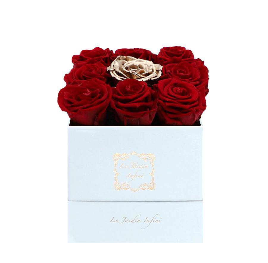 9 Red & Gold Center Preserved Roses - Luxury Square Shiny White Box