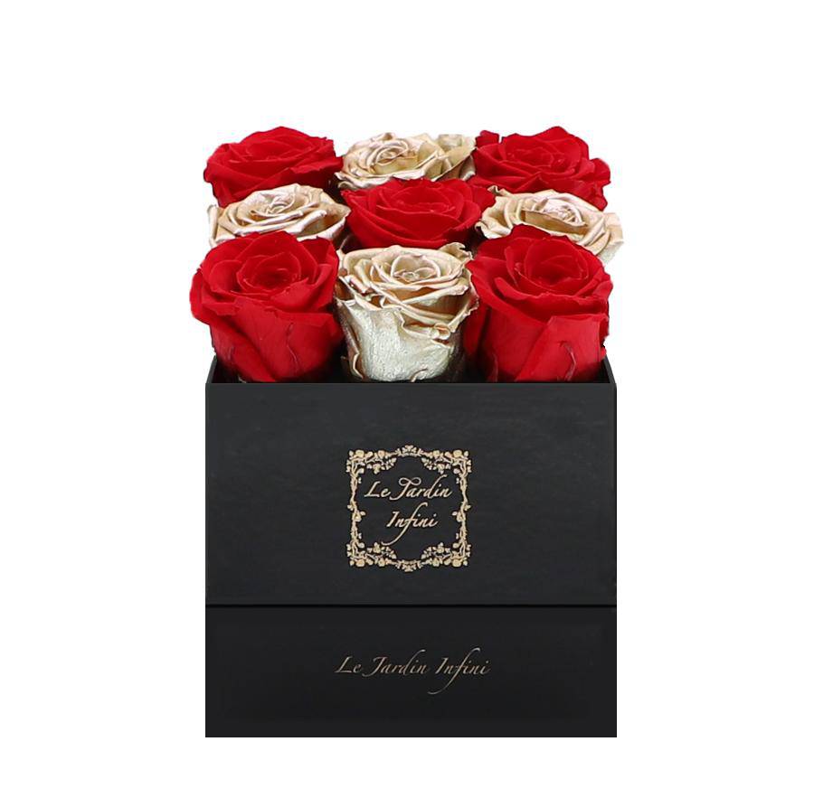 9 Red & Gold Checker Preserved Roses - Luxury Square Shiny Black Box