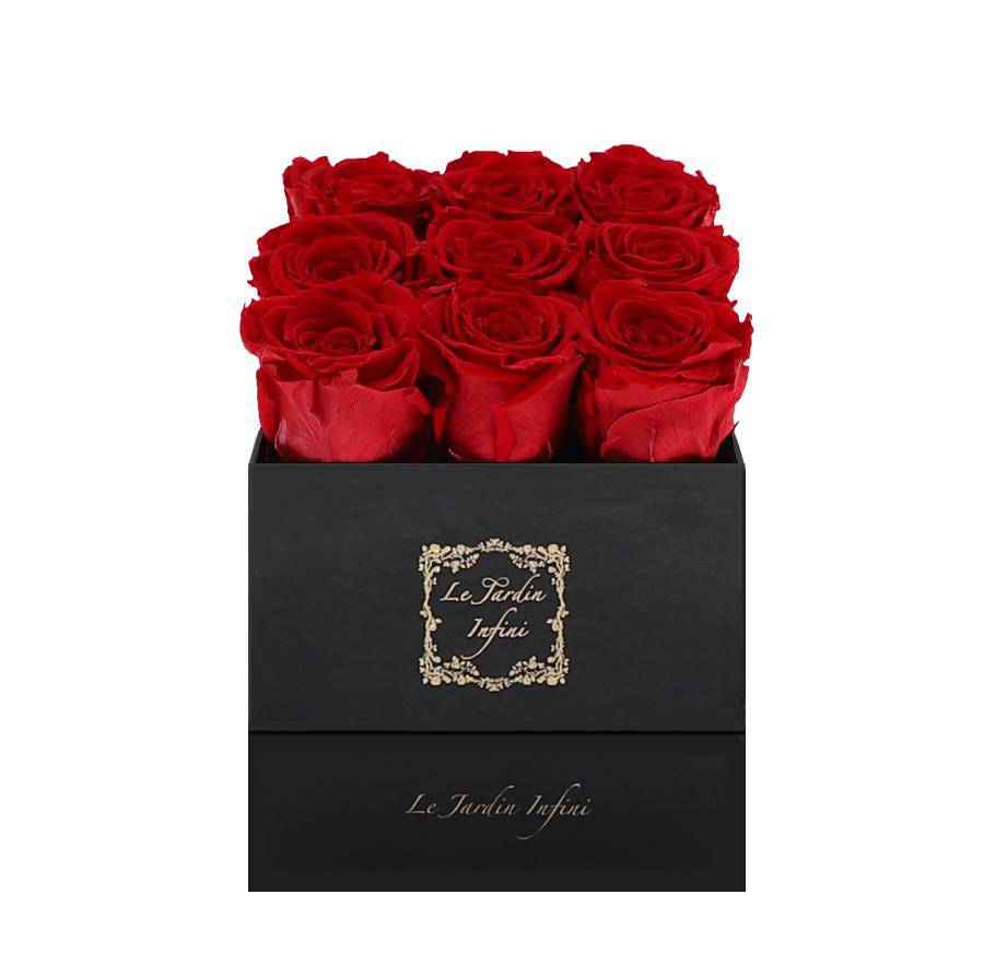 9 Red Preserved Roses - Luxury Square Shiny Black Box
