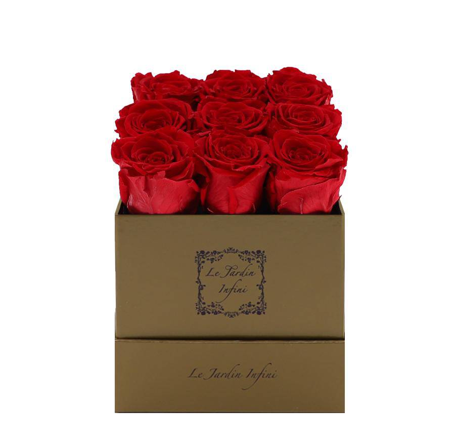 9 Red Preserved Roses - Luxury Square Shiny Gold Box