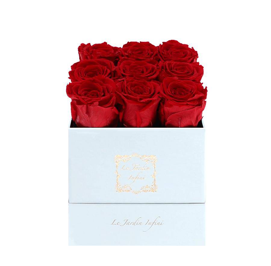 9 Red Preserved Roses - Luxury Square Shiny White Box