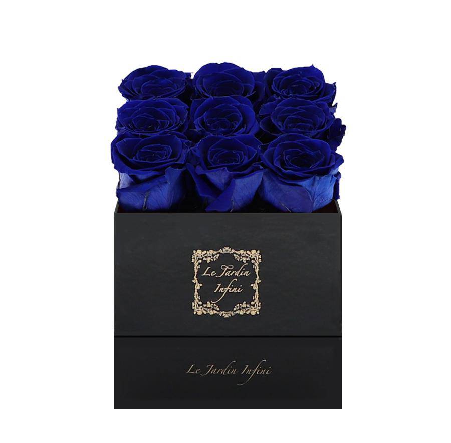 9 Royal Blue Preserved Roses - Luxury Square Shiny Black Box