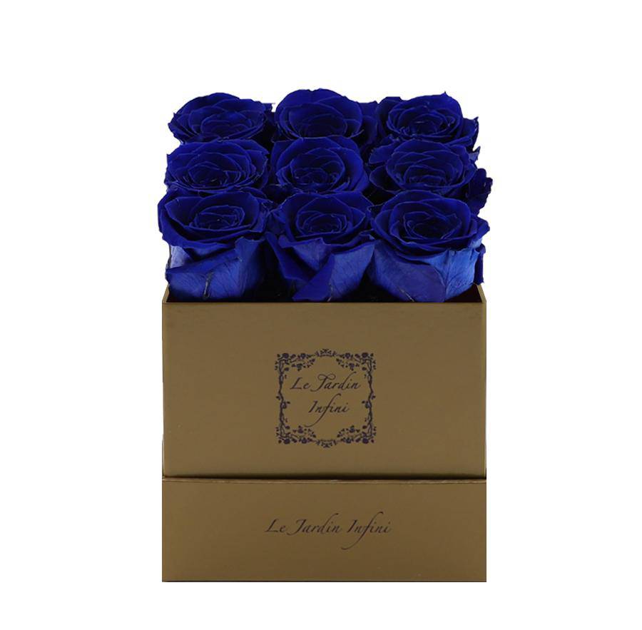 9 Royal Blue Preserved Roses - Luxury Square Shiny Gold Box