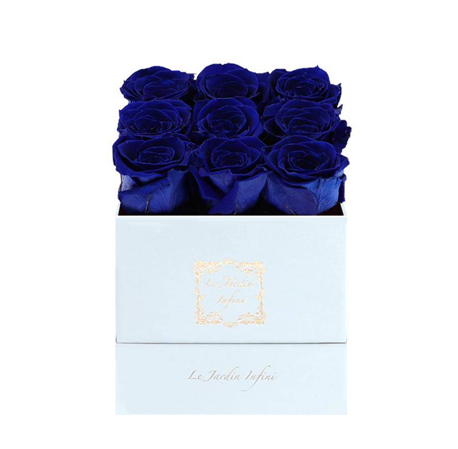 9 Royal Blue Preserved Roses - Luxury Square Shiny White Box