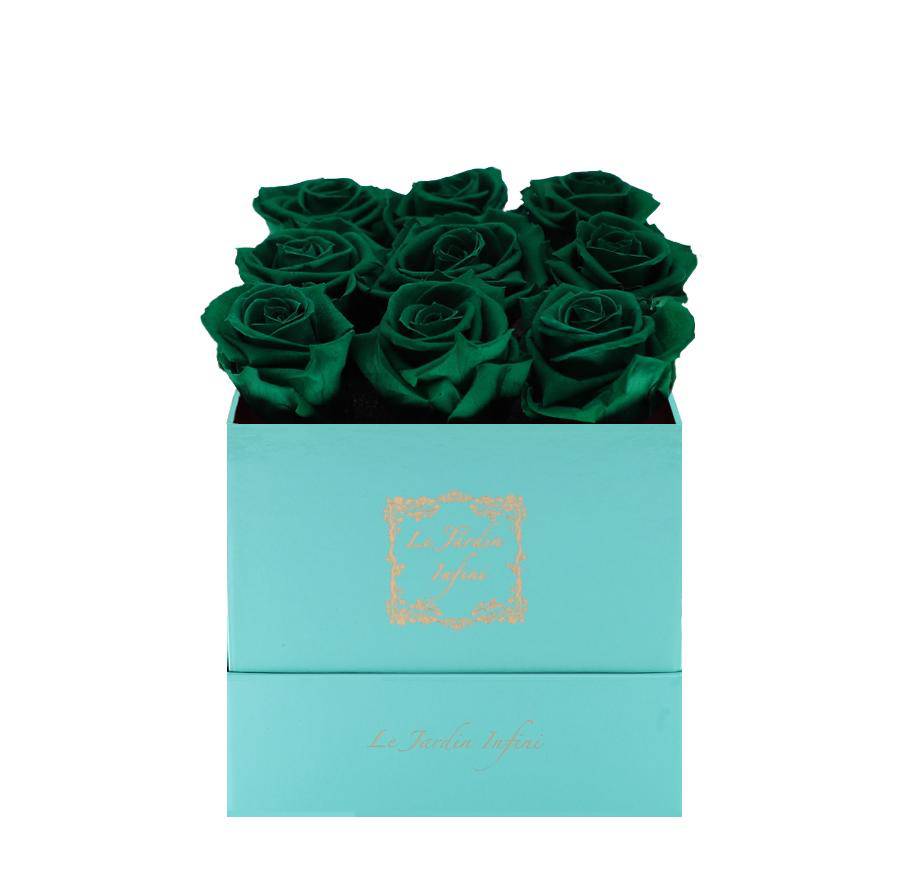 9 St. Patrick Green Preserved Roses - Luxury Square Shiny Turquoise Box