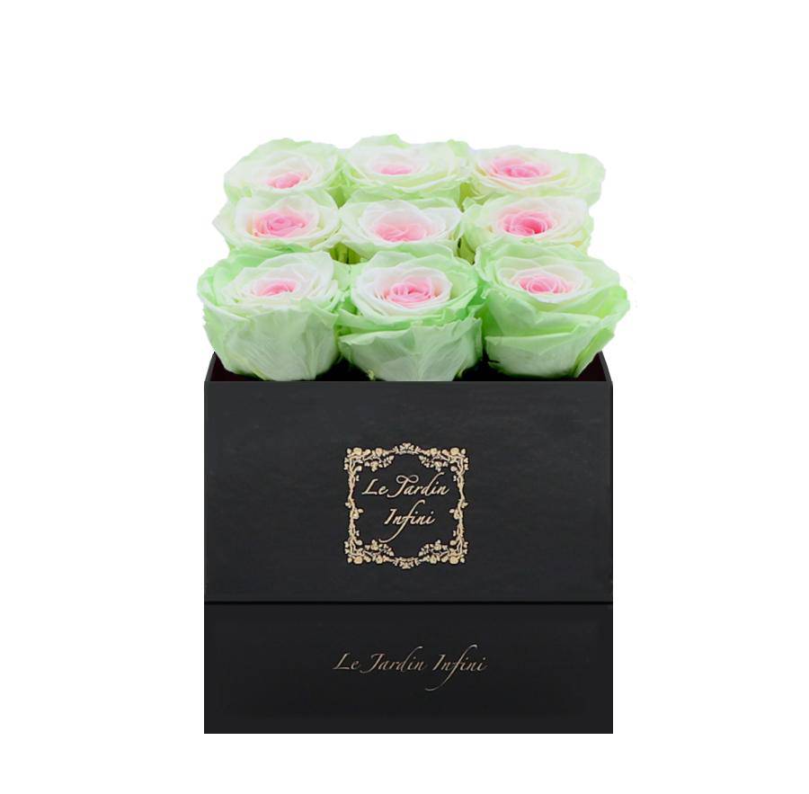 9 Tricolor Preserved Roses - Luxury Square Shiny Black Box