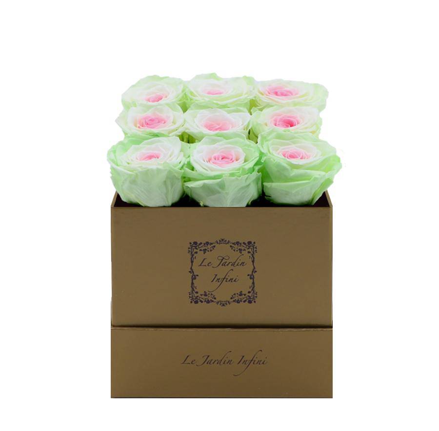 9 Tricolor Preserved Roses - Luxury Square Shiny Gold Box