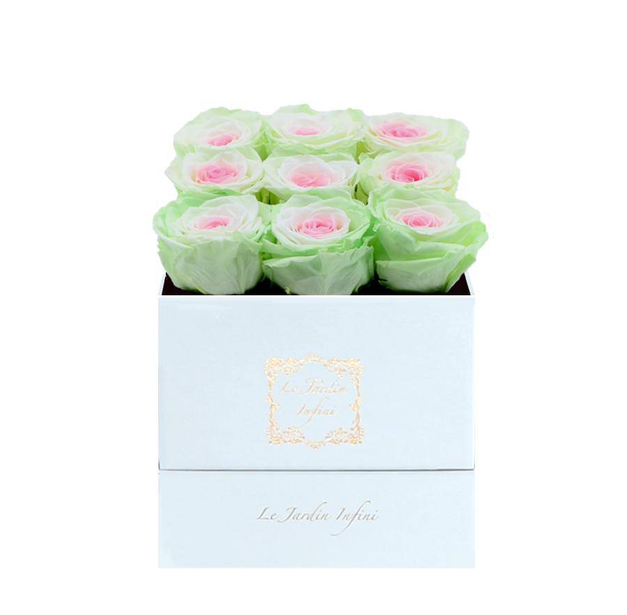 9 Tricolor Preserved Roses - Luxury Square Shiny White Box