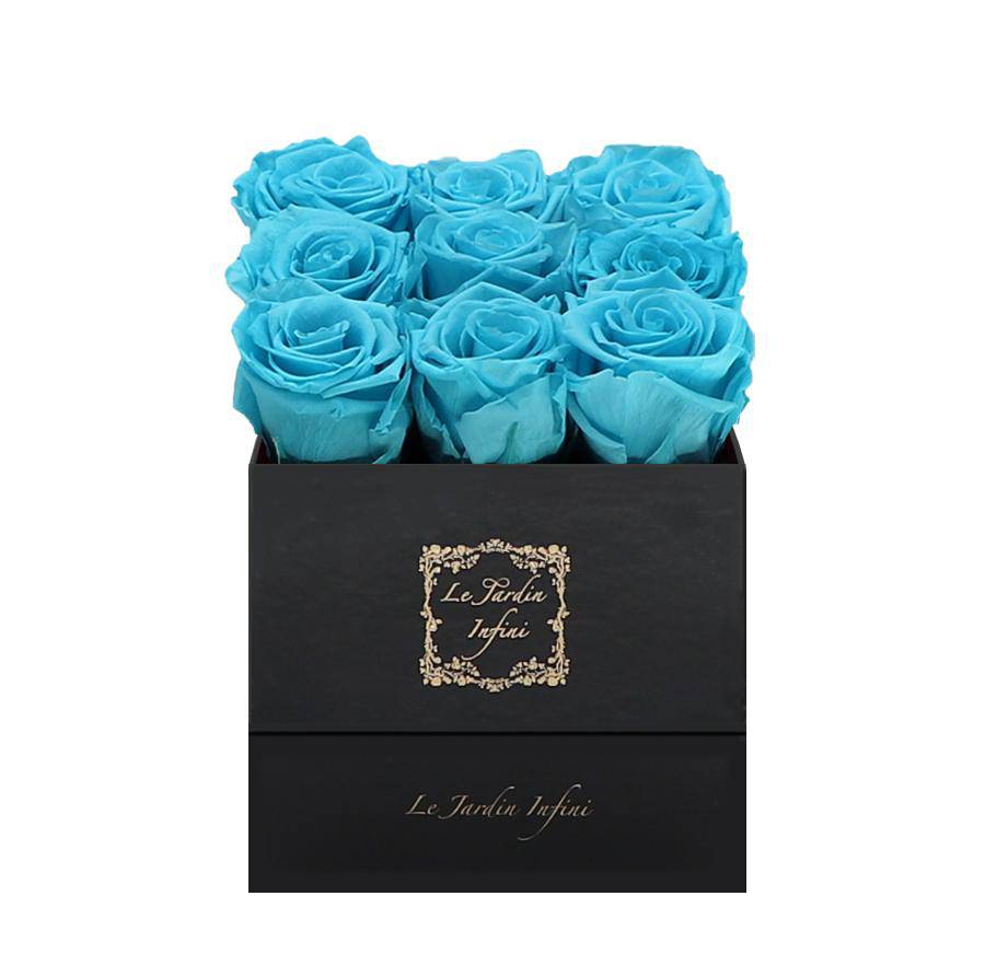 9 Turquoise Preserved Roses - Luxury Square Shiny Black Box