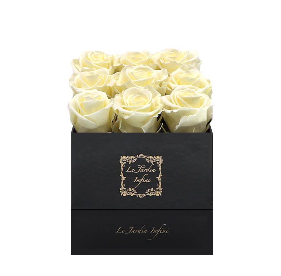 9 Vanilla Preserved Roses - Luxury Square Shiny Black Box