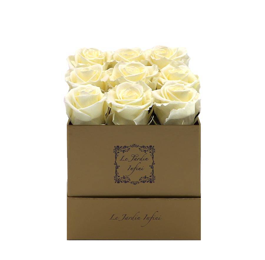 9 Vanilla Preserved Roses - Luxury Square Shiny Gold Box