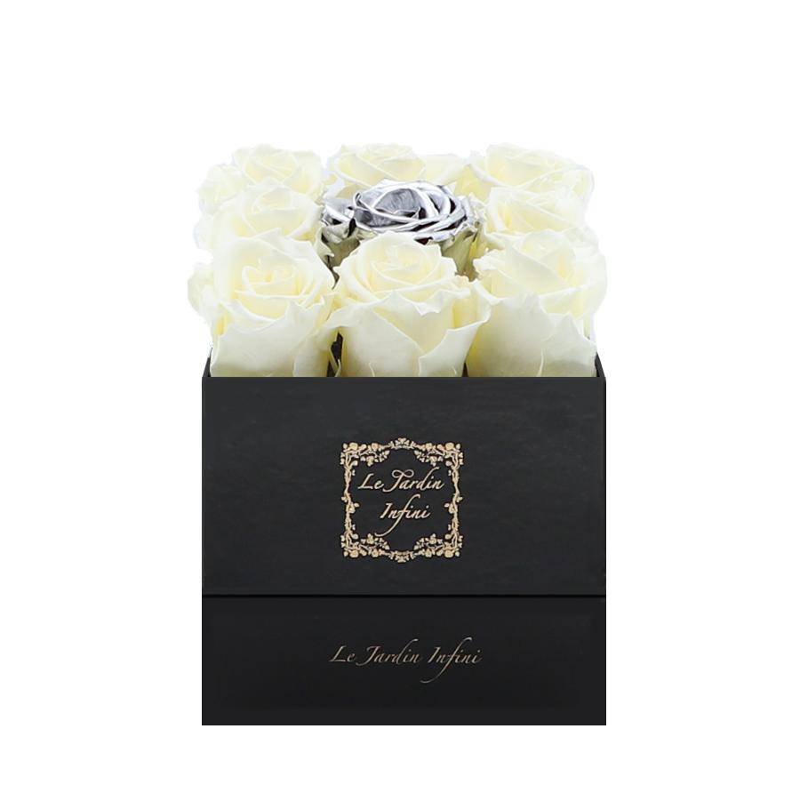 9 Vanilla & Silver Center Preserved Roses - Luxury Square Shiny Black Box