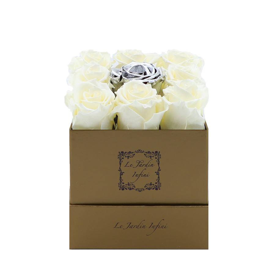 9 Vanilla & Silver Center Preserved Roses - Luxury Square Shiny Gold Box