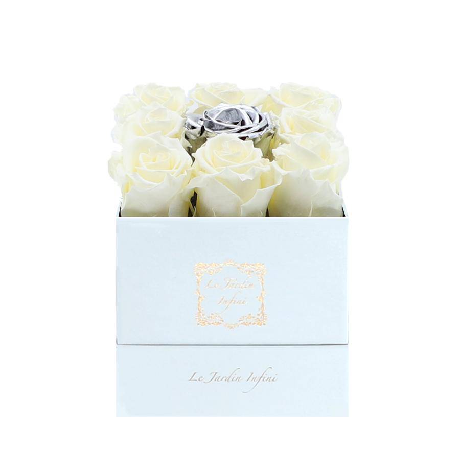9 Vanilla & Silver Center Preserved Roses - Luxury Square Shiny White Box