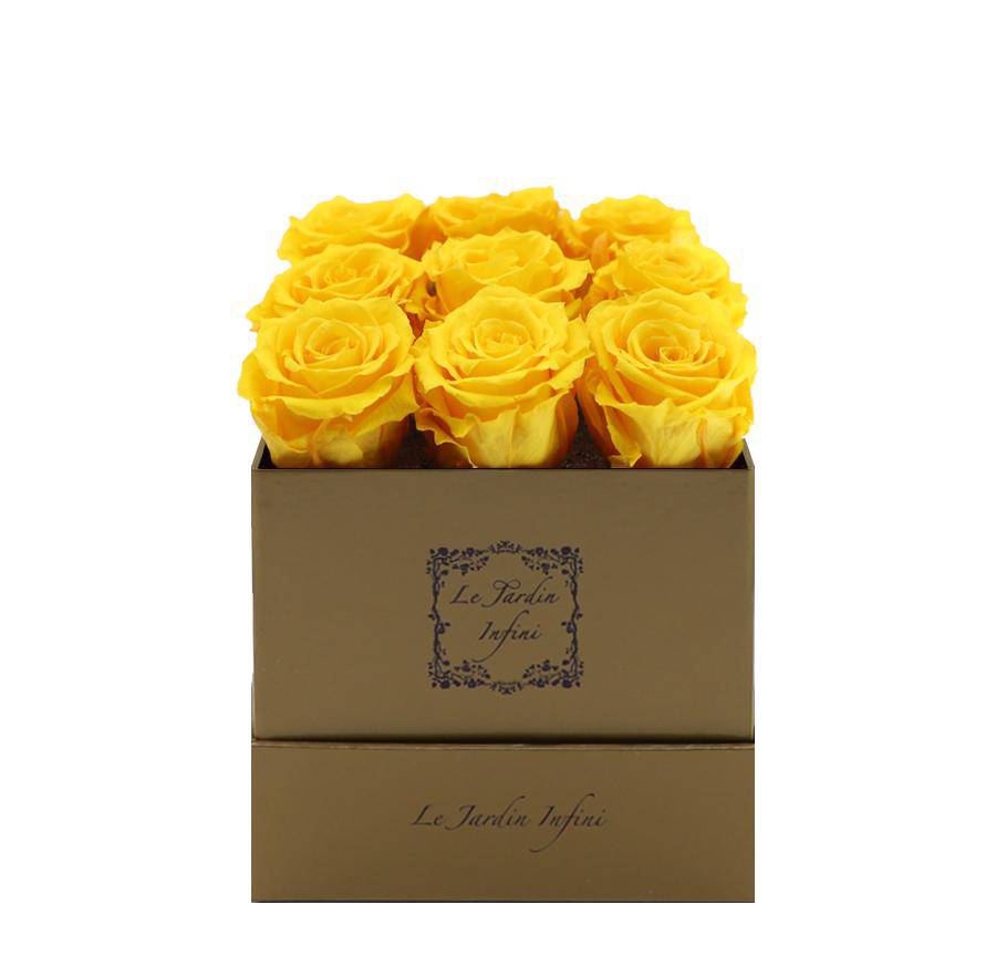 9 Warm Yellow Preserved Roses - Luxury Square Shiny Gold Box