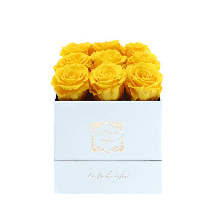 9 Warm Yellow Preserved Roses - Luxury Square Shiny White Box