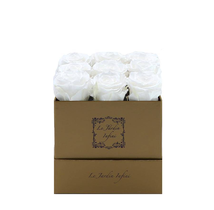 9 White Preserved Roses - Luxury Square Shiny Gold Box