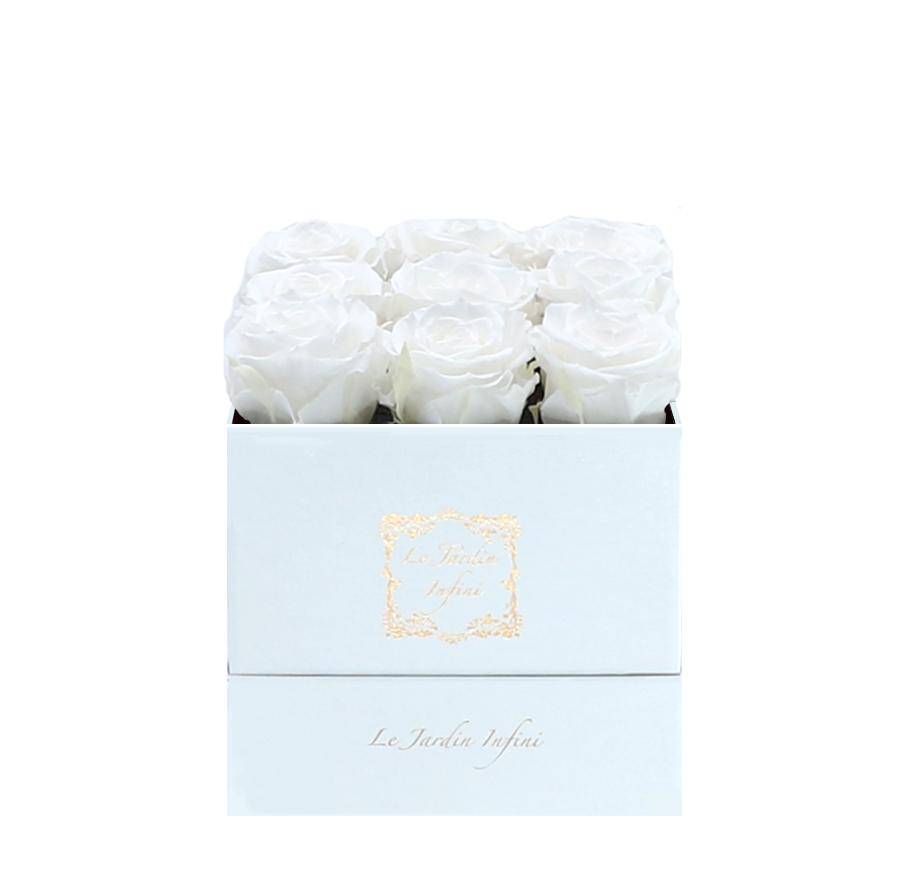 9 White Preserved Roses - Luxury Square Shiny White Box