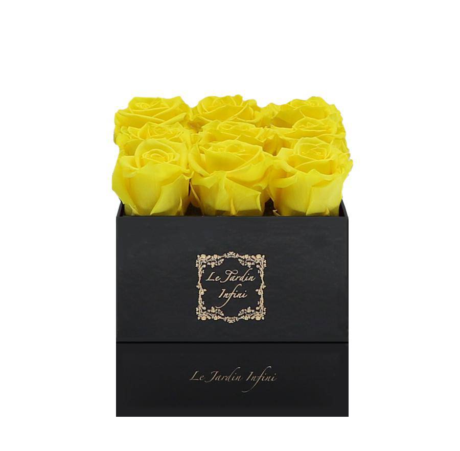 9 Yellow Preserved Roses - Luxury Square Shiny Black Box