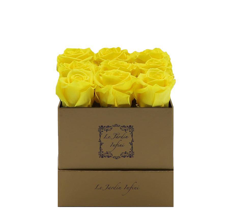 9 Yellow Preserved Roses - Luxury Square Shiny Gold Box