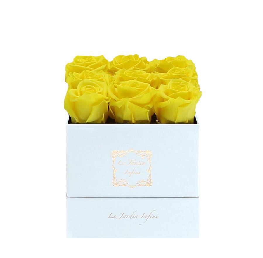 9 Yellow Preserved Roses - Luxury Square Shiny White Box