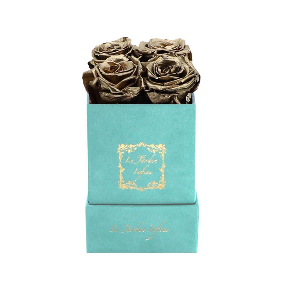 Dark Gold Preserved Roses - Luxury Small Square Turquoise Suede Box