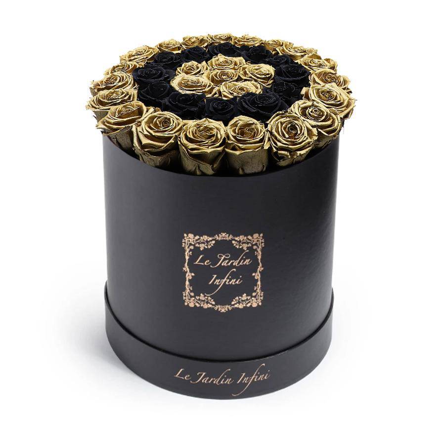 Gold Preserved Roses With Black Circle - Large Round Black Box