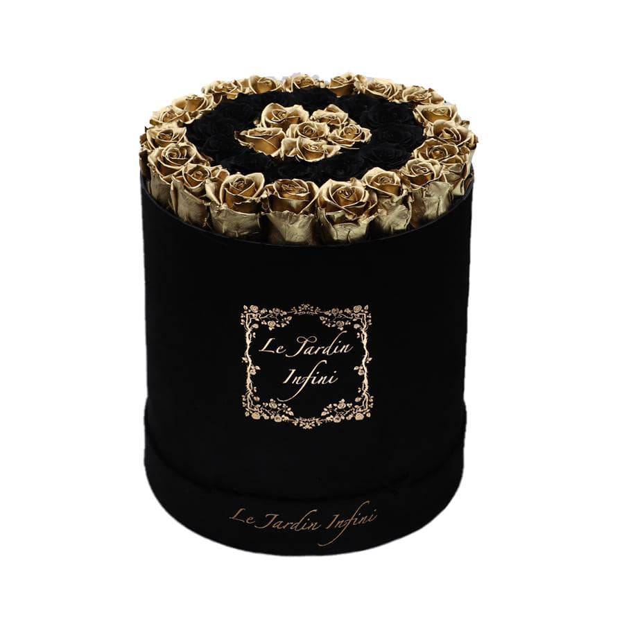 Gold Preserved Roses With Black Circle - Large Round Black Suede Box - Le Jardin Infini Roses in a Box