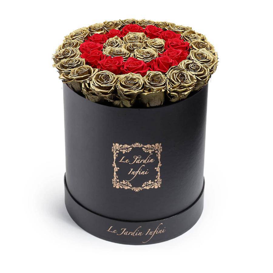 Gold Preserved Roses With Red Circle - Large Round Black Box