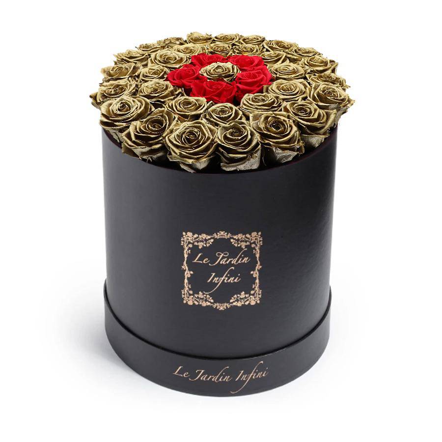 Gold Preserved Roses With Small Red Circle - Large Round Black Box - Le Jardin Infini Roses in a Box