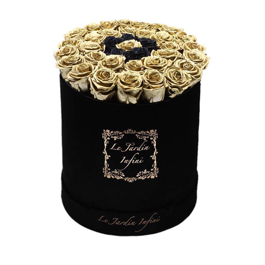 Gold And Black Small Circle Preserved Roses - Large Round Black Suede Box